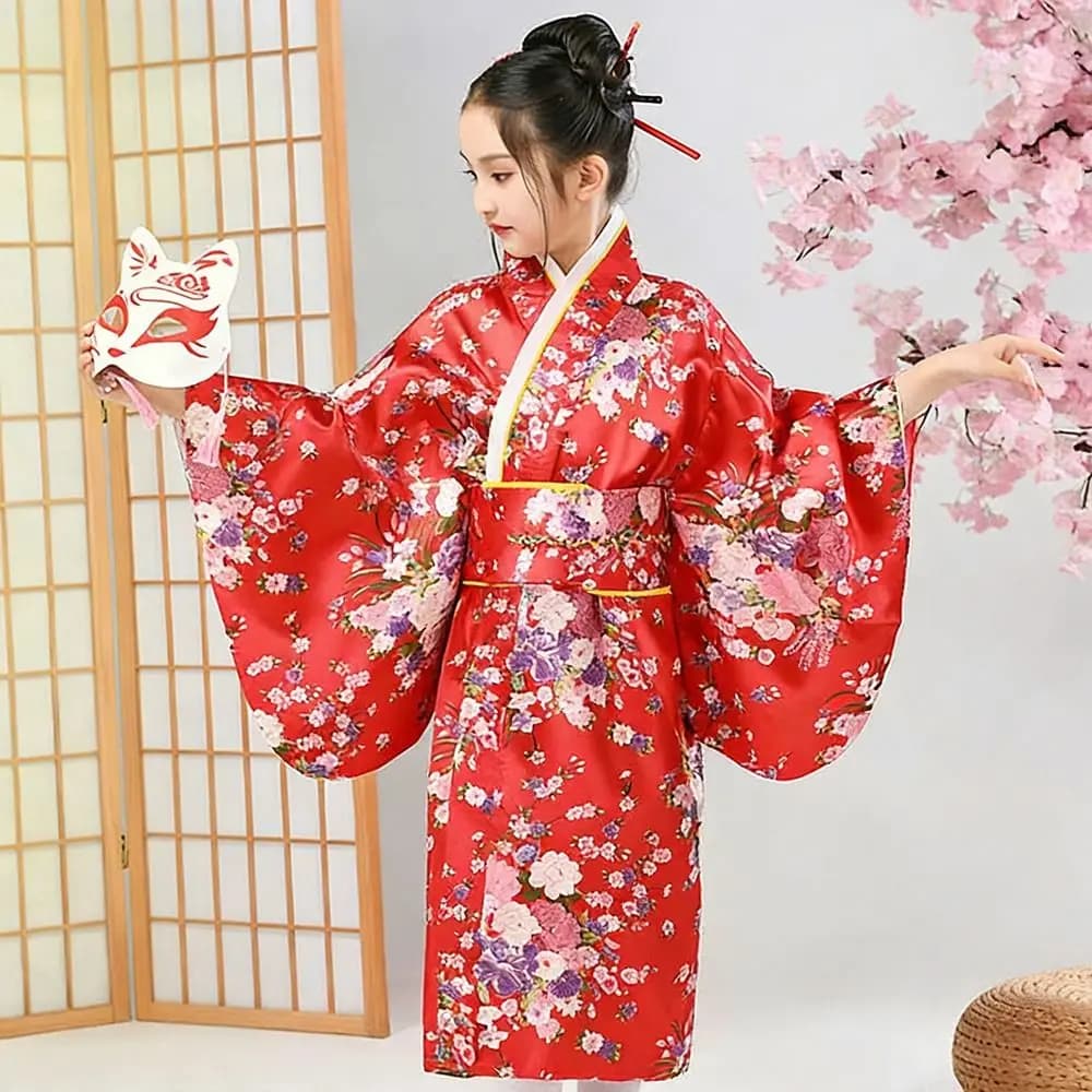 Bathrobe Gown Children Japanese Kimono Cherry Blossom Pattern with Obi Yukata Dress Japan Style Performance Clothes Halloween