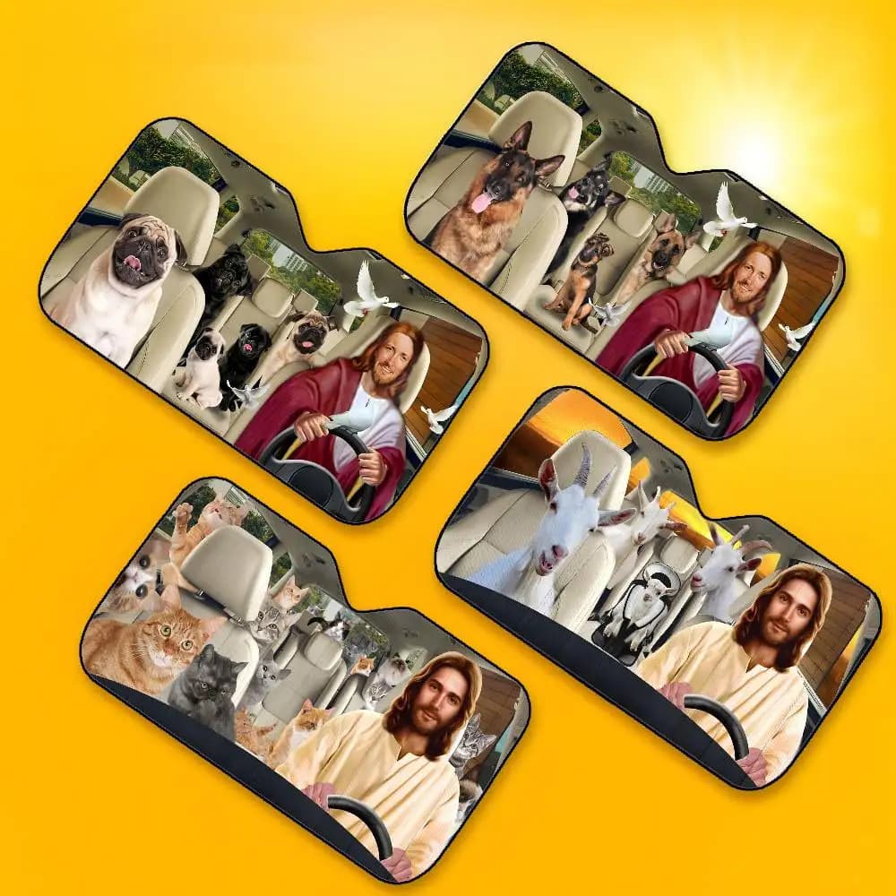 DRIVING JESUS E CAT Parasole per auto Parabrezza Pieghevole Isolamento a tre strati Parasole con ventosa Blocchi Raggi UV Sole