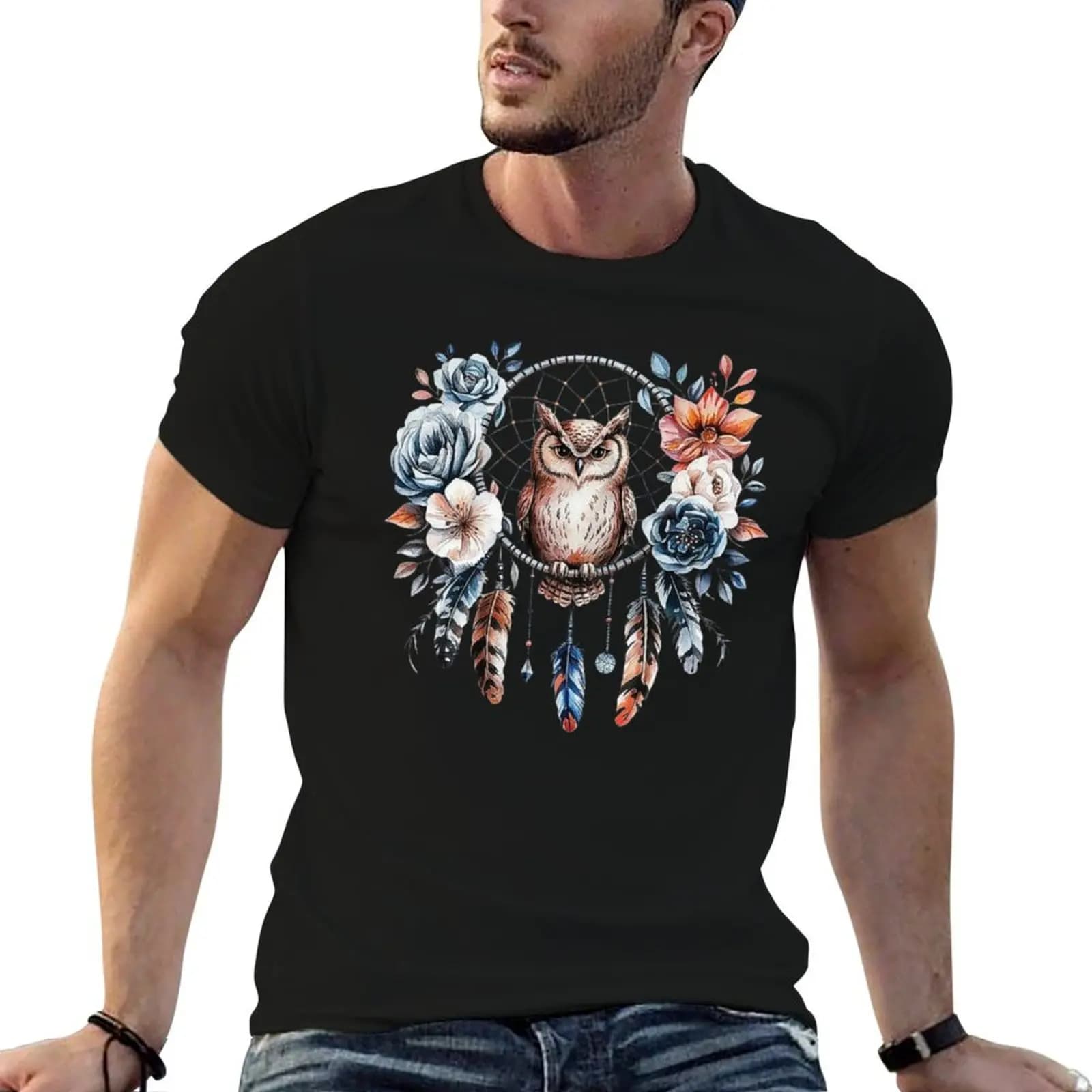 Elegant Owl with Dreamcatcher and Floral Details T-Shirt t shirt men 100% cotton luxury brand t shirts designer T-Shirt
