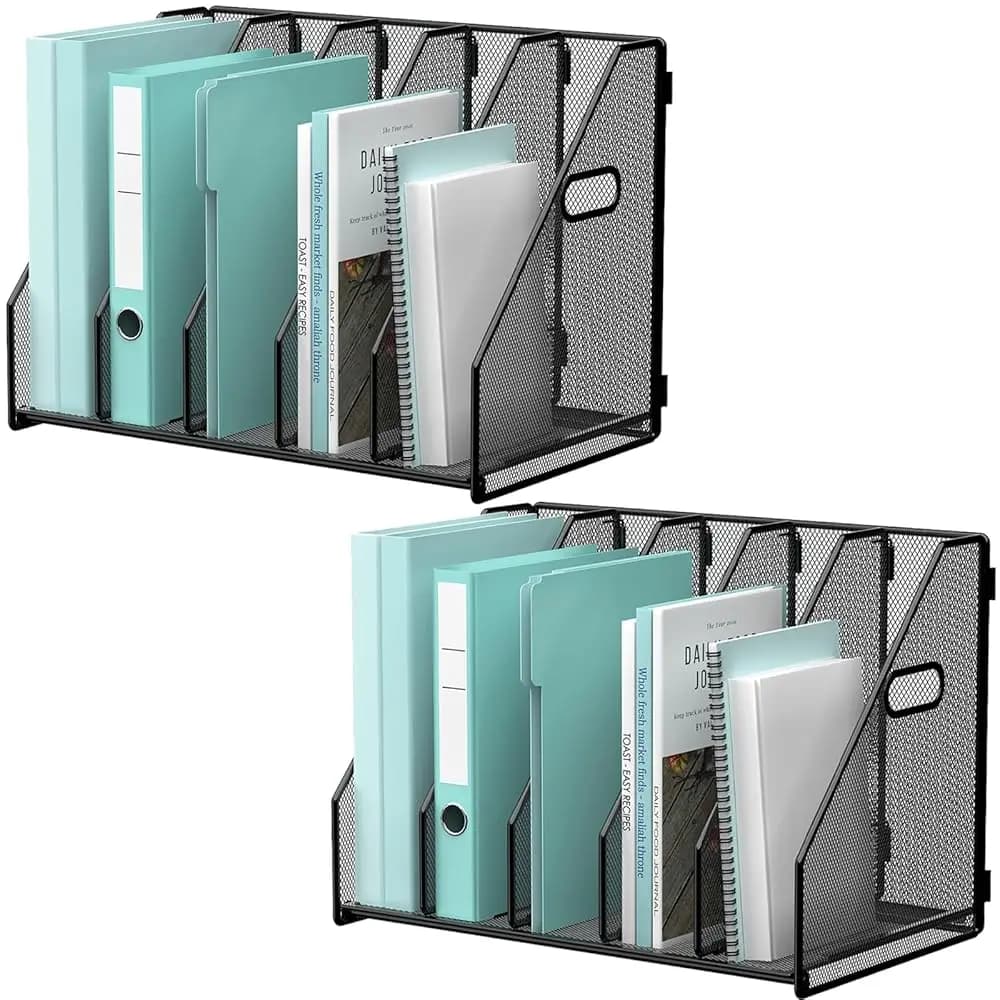 Set di 2 Portariviste da Scrivania con 5 Scomparti Verticali, Organizzatore da Scrivania Portariviste Verticale con Scomparti Laterali