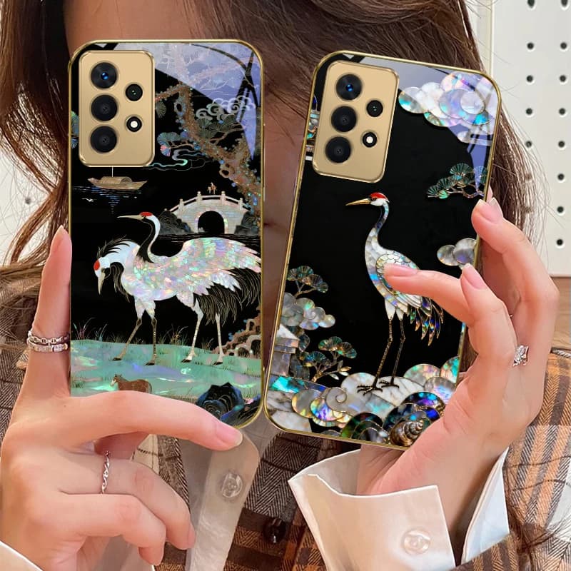 Custodia per telefono in vetro dorato con motivo gru portafortuna per Samsung A01, A52S, A04, A05S, A10, A12, A13, A22, A23, A24, A36, A42, M02, Note 10, Note 20 Ultra, Note 8, Note 9