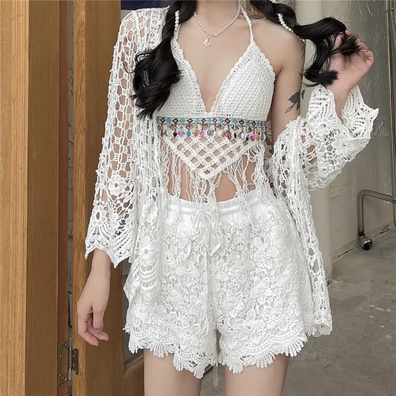 Beach Vaion Knitted Hollow out Sun Protection Women's ter Top + High Waist Lace orts Tee Piece Set Swimsuit