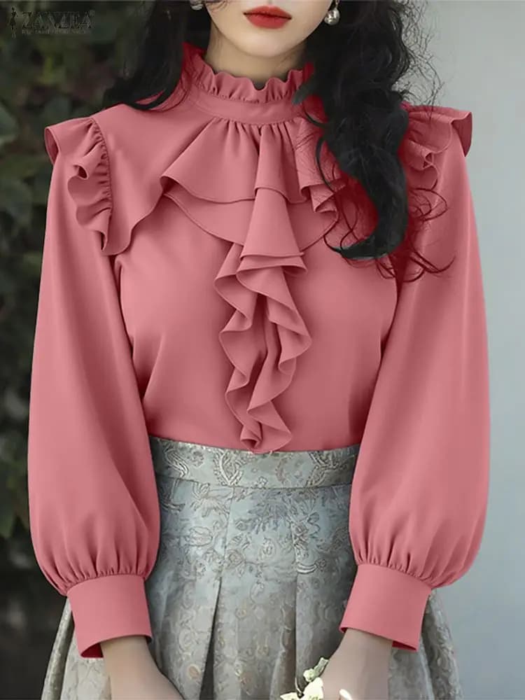 ZANZEA Elegant Office Lady Top Shirts with Volant 2025 Women's Autumn Long Sleeve Connected to Korean Fashion Shirt Casual Solid Blusas OL