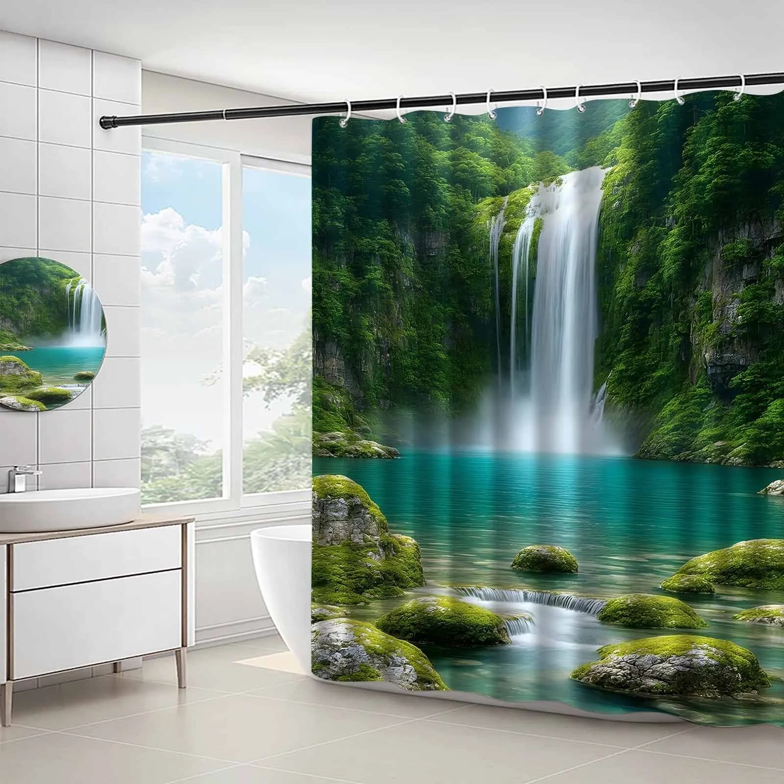 Tenda Doccia Effetto Cascata in Tessuto Impermeabile, Tende da Bagno con Scenari di Foresta e Lago, Divisorio per Vasca, Decorazione Casa con Ganci
