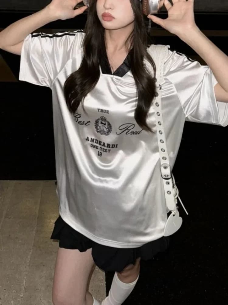 Stain Sports T Shirts Women Oversized Letter Print Short Sleeve Tops Summer Hip Hop V-neck Striped Basketball Clothes Harajuku
