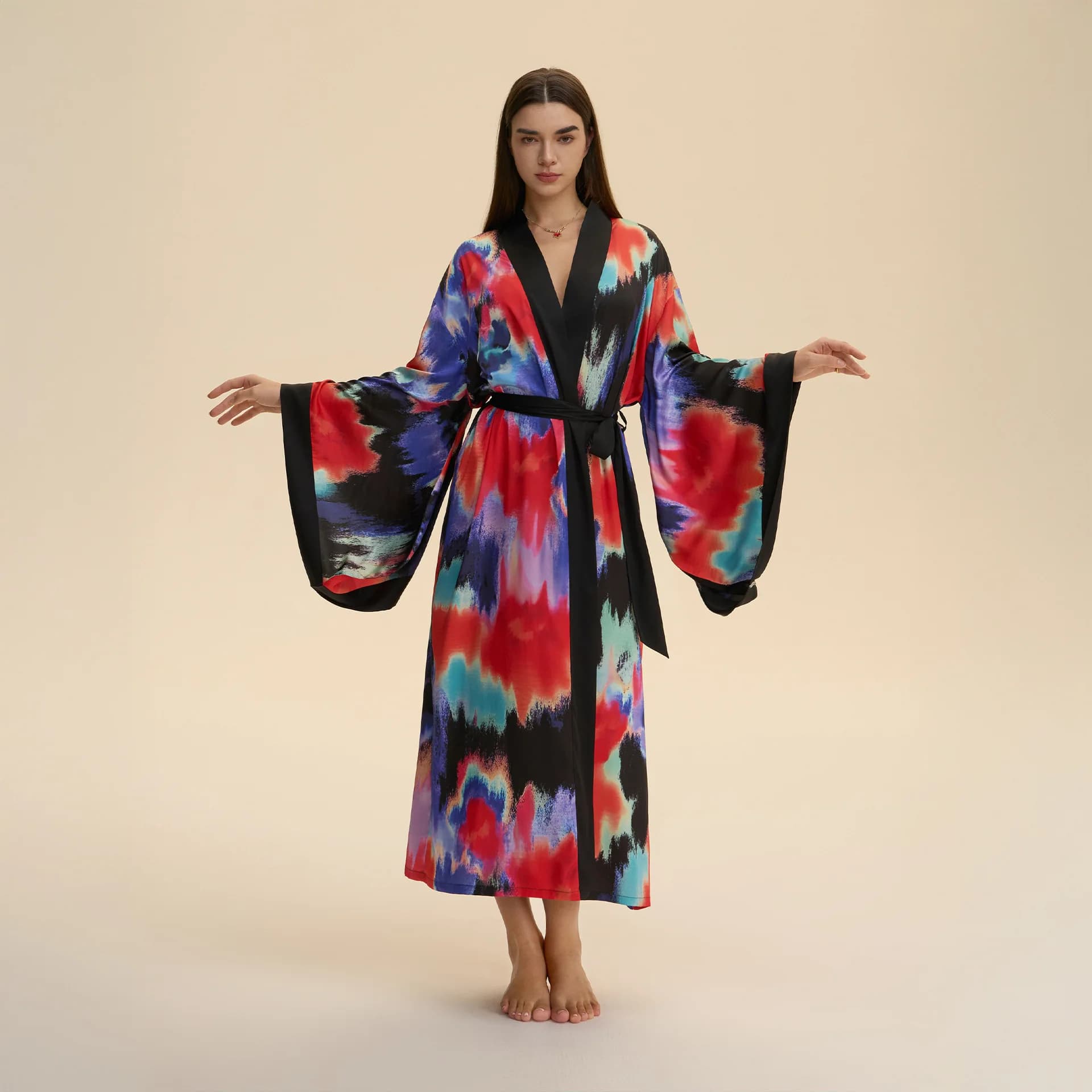 Floral print Women's Long Dress Kimono Sleeves Outlet Bathrobe Nightwear Nightgown Nightwear Silk satin nightwear
