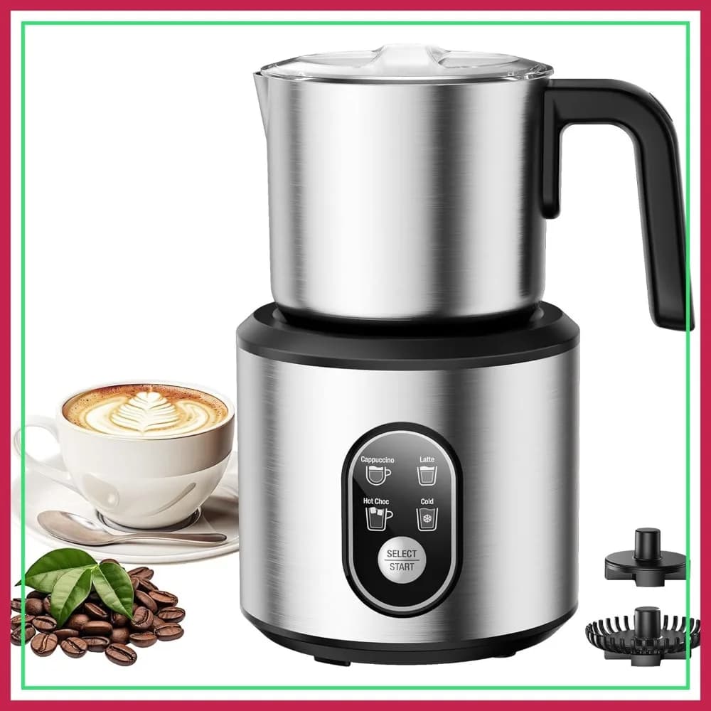 Montalatte Elettrico Automatico 4-in-1, Caraffa Rimovibile in Acciaio Inox da 24oz con Beccuccio per Latte Art, Schiumatore Caldo e Freddo per Caffè, Latte, Cappuccino