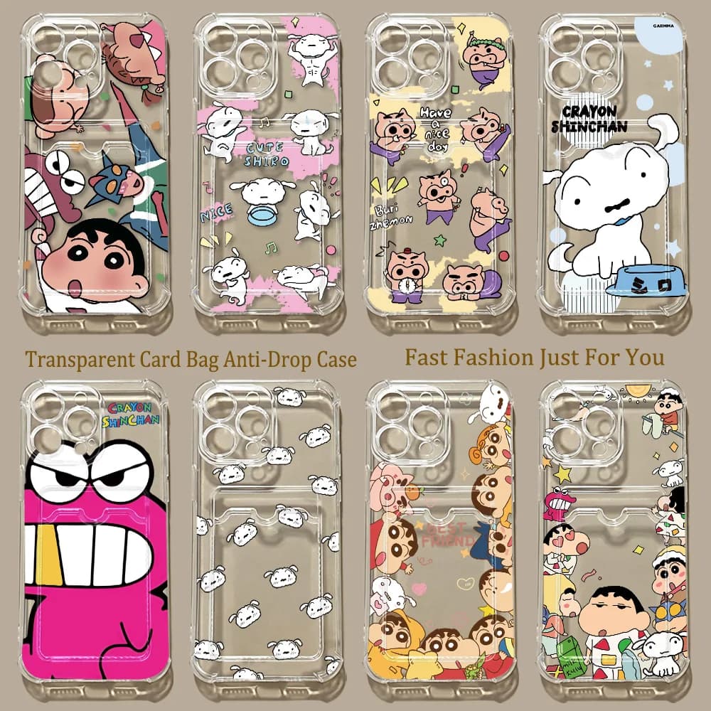 HOT Cute Card Hold Case For Crayons Shinchans iPhone 17e 17 16e 16 15 14 13 12 11 Mini Pro Max Air Plus Anti-fall Clear Cover
