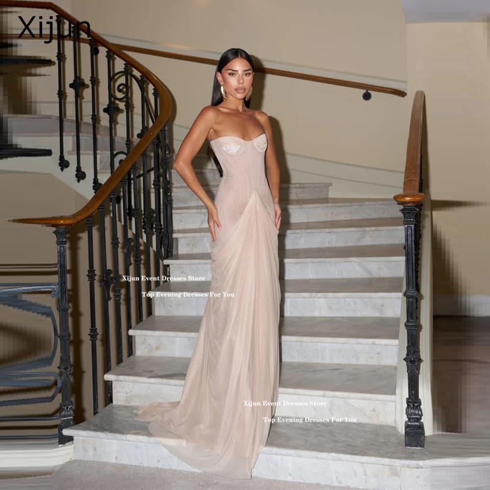 Xijun Blush Pink Chiffon Abiti da sera lunghi Sweetheart Sirena Abiti da ballo formali Senza maniche Abiti da ballo arabi sauditi Customi