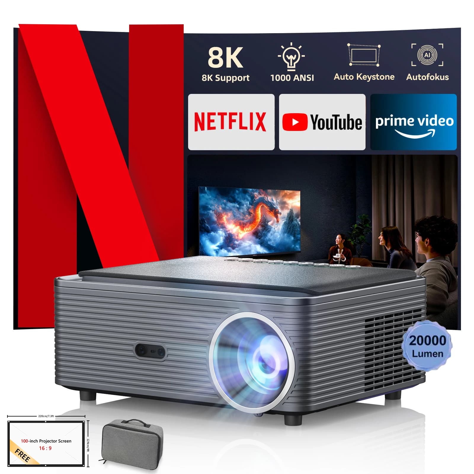 Proiettore Fintex 8K Supporto HD 1080P 1000ANSI P1 Ultra 4K con Altoparlante 5W, Android 9.0, WiFi 6, BT 5.4 per Esterni e Home Theater