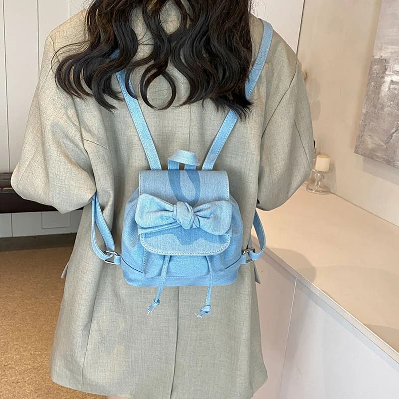 Fashion Korean Female Small Backpacks Girls Cute Bow Denim PU Leather Drawstring Back Packs Portable Daily Rucksack Shoulder Bag