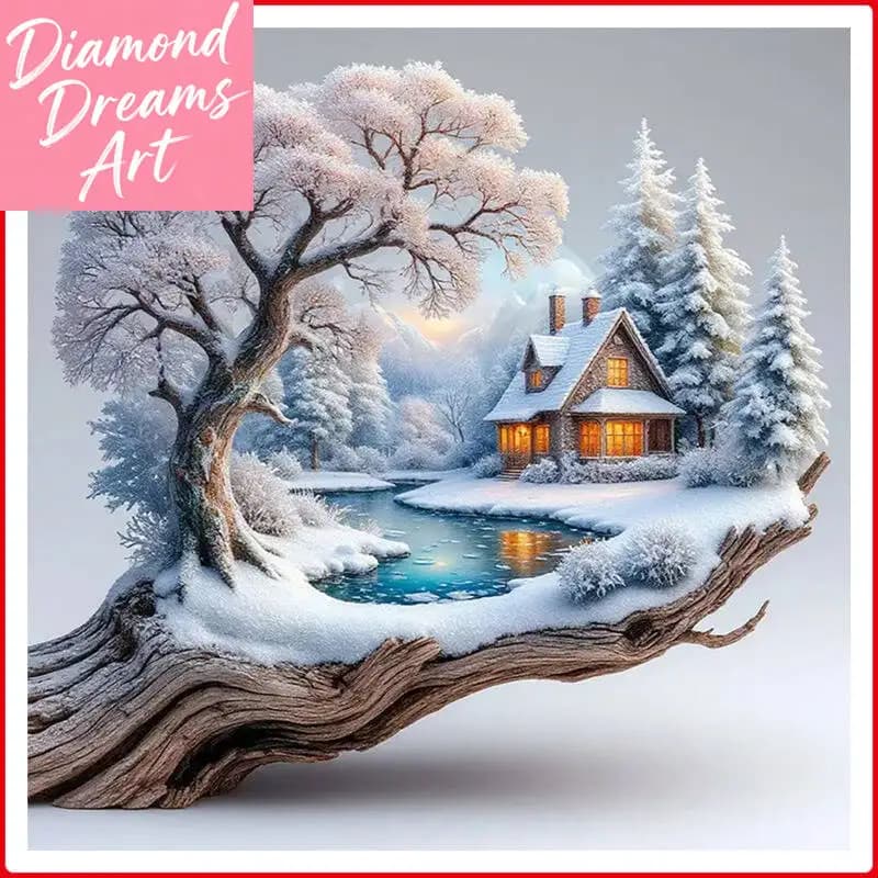 Kit Artigianale per Pittura Diamante Senza Cornice, Paesaggio Invernale, Decorazione Casa, Ricamo 5D con Strass, Fai da Te