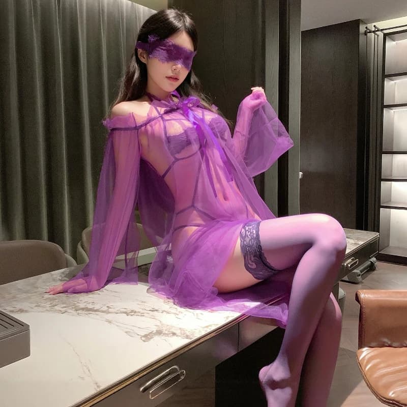 Camicia da notte trasparente viola Scava fuori con apertura sul cavallo Tuta Prospettiva Camicia da notte Set Pigiama da casa per indumenti da notte civettuosi sexy