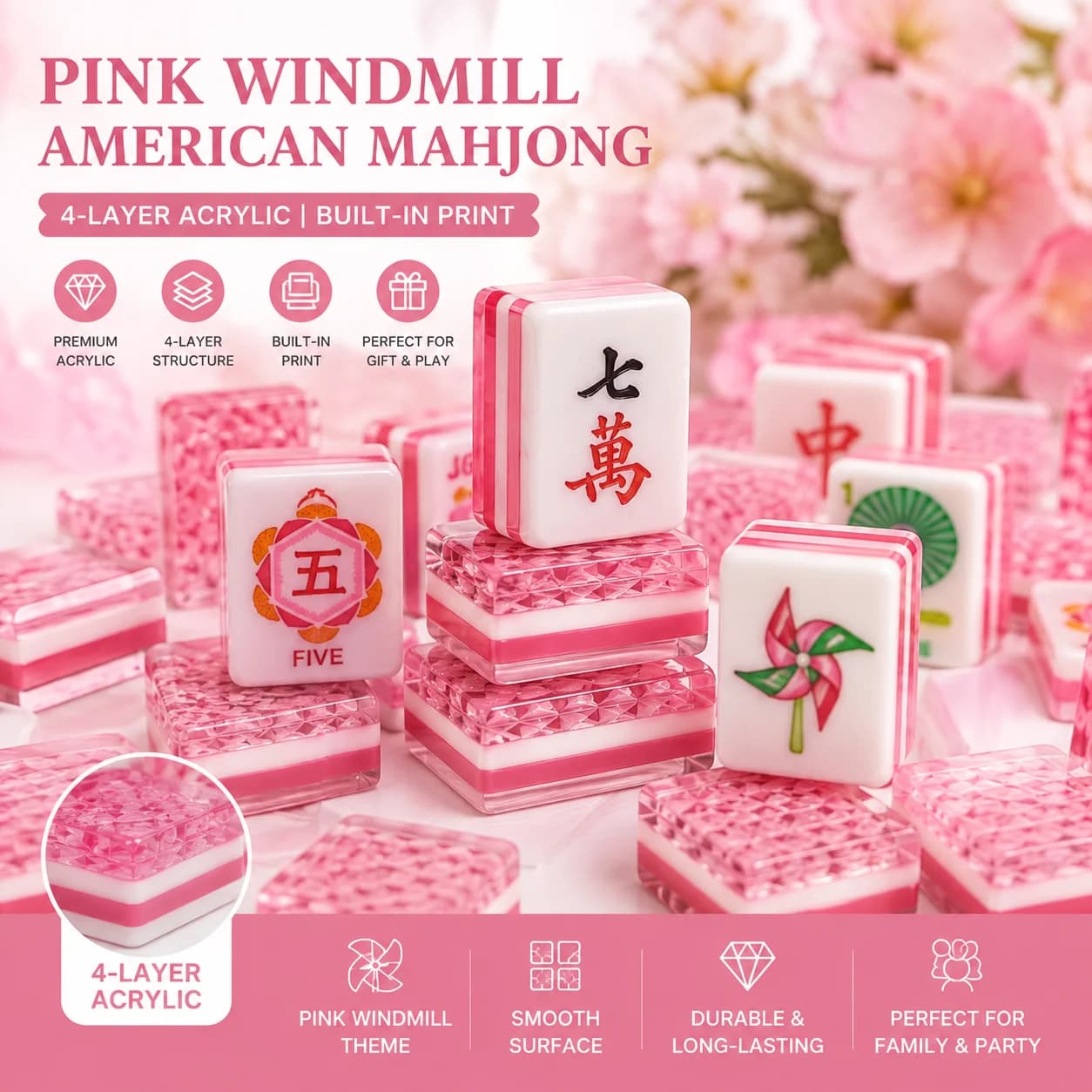 Pink Windmill American Mahjong Tiles, 4-Layer Acrylic Printed Game Set, Smooth Premium Tiles for Family Party Gifts