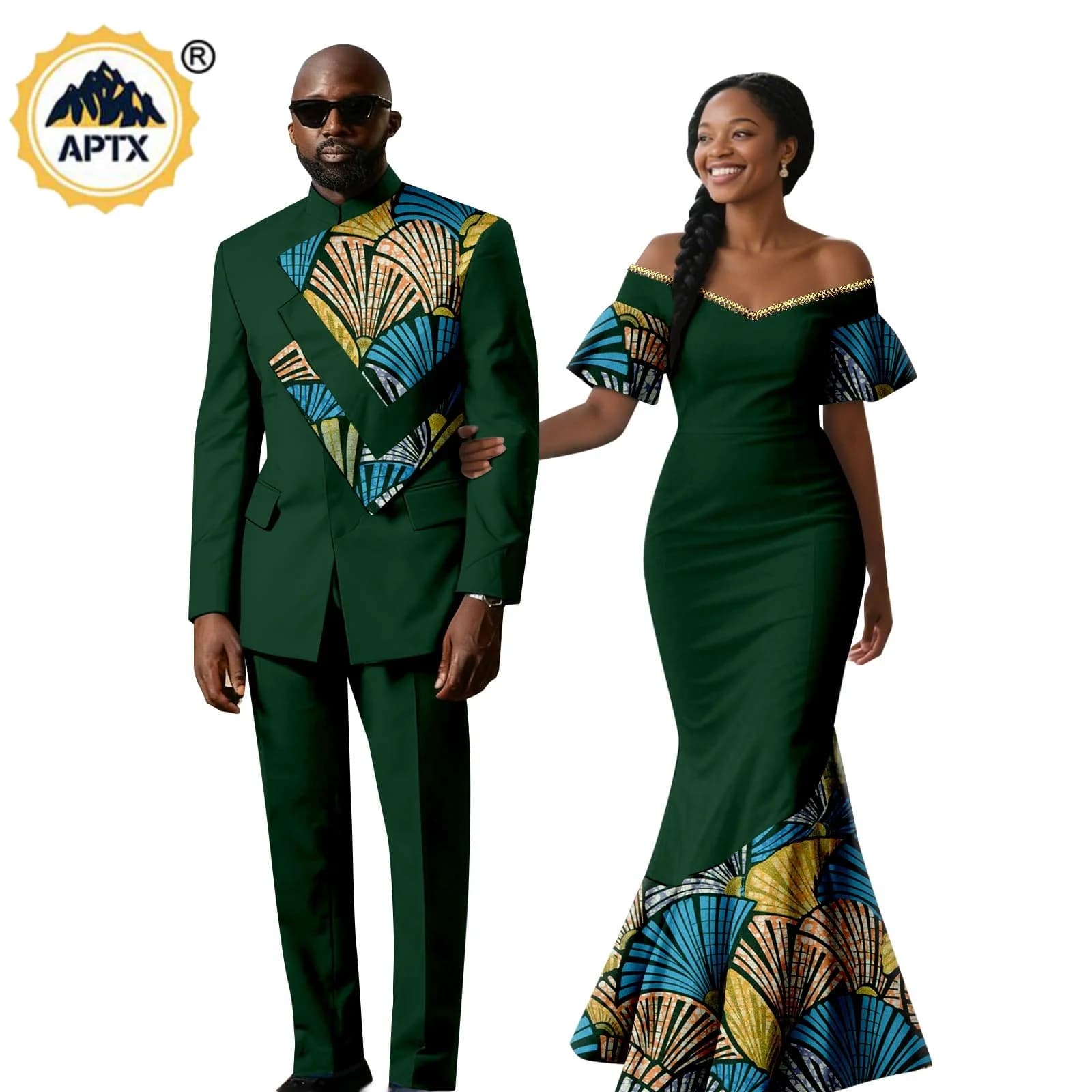 African Beading Print Mermaid Dresses for Women Matching Couple Outfits Dashiki Formal Men Top Jacket and Pant Sets 26C002