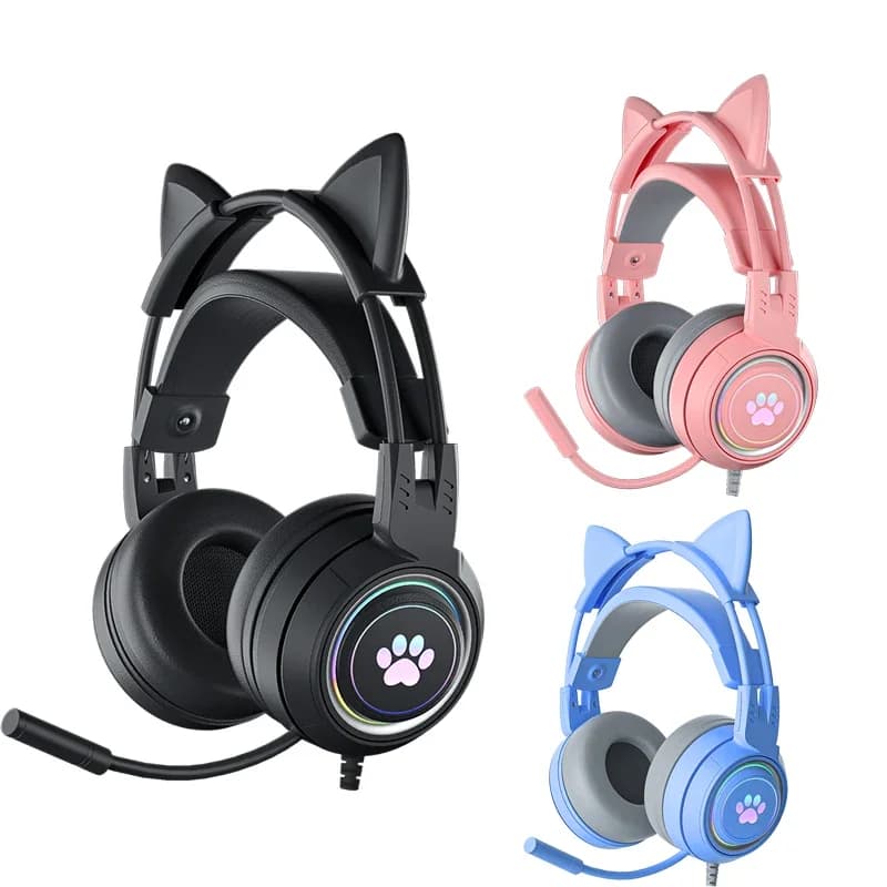 Cat Ears Headphones with PS5 HiFi Stereo Bass Headset Gamer Girls RGB Black Pink Helmet for Laptop Phone Xbox
