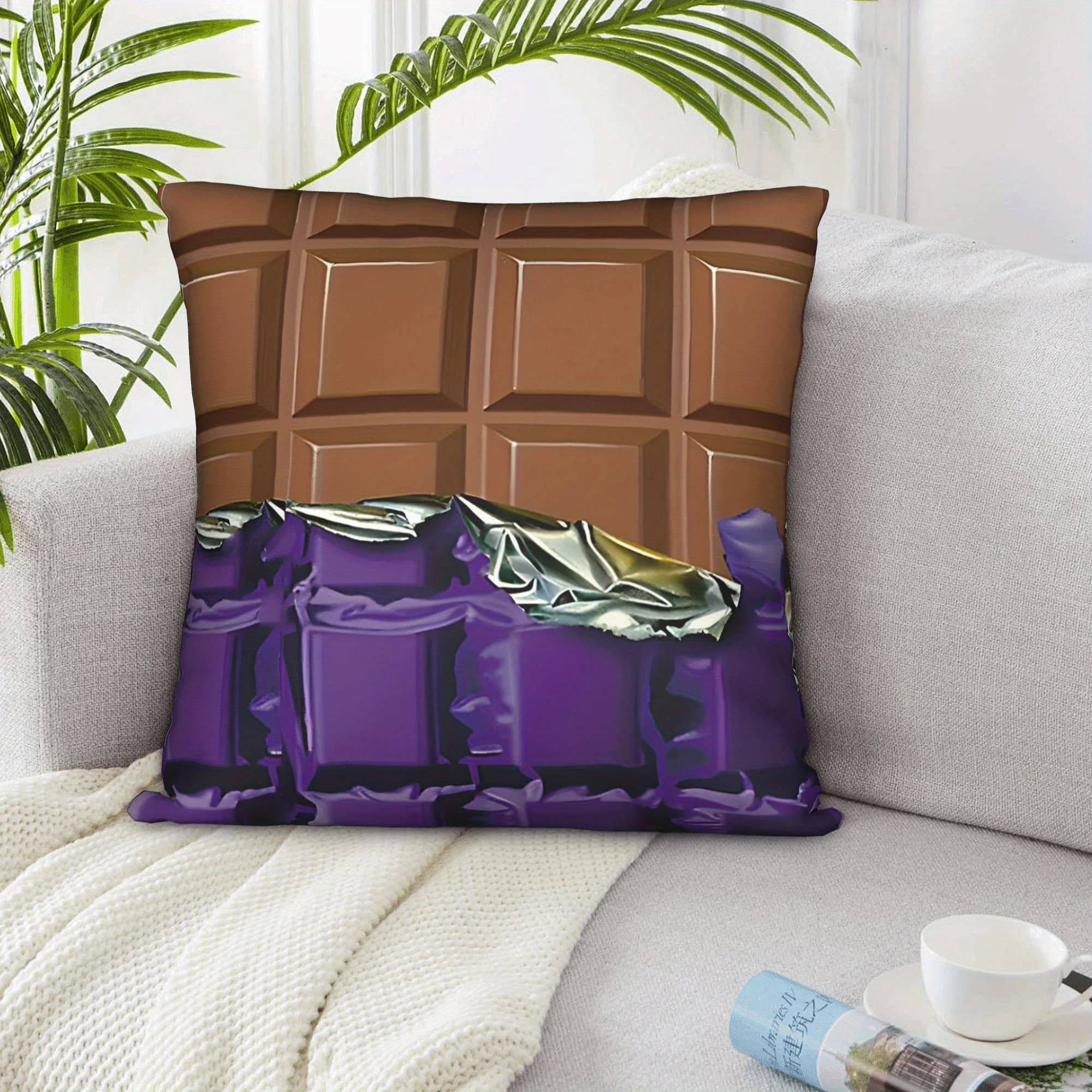 Fodera per cuscino a forma di barretta di cioccolato, design realistico in cioccolato al latte, morbida in poliestere a pelo corto con cerniera, per divano e camera da letto