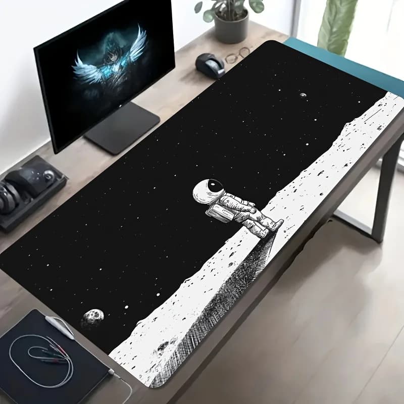Tappetino per mouse da gaming di grandi dimensioni per eSports con illustrazione in bianco e nero di un astronauta che osserva le stelle sulla Luna.