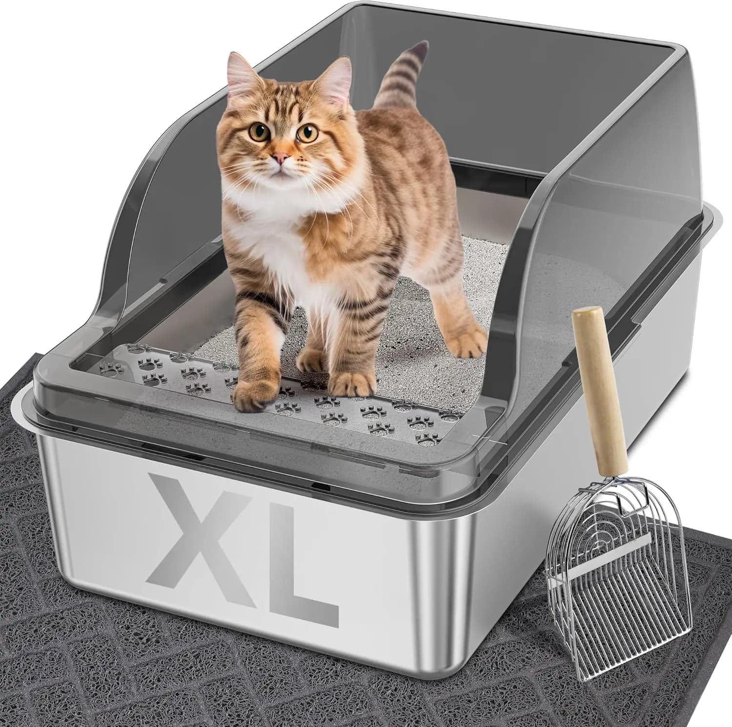 Lettiera per Gatti in Acciaio Inossidabile con Coperchio, Vasca XL Grande Chiusa per Gatti Grandi, Anti-perdita e Facile da Pulire, Include Paletta e Tappetino