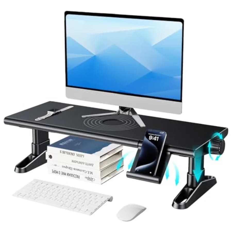 Supporto per Monitor da Scrivania Regolabile in Altezza 4.4-5.7 Pollici con Porta Cellulare, Organizzatore Multifunzione per Desktop