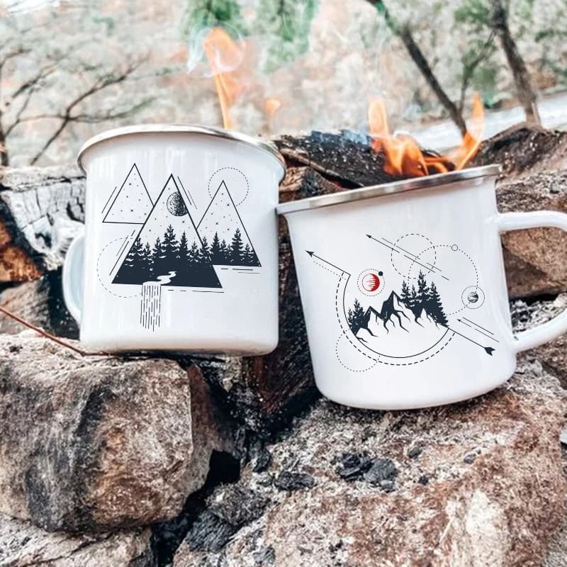 Tazze da Campeggio con Stampa Montagna, Tazza in Smalto per Birra e Succhi, Idea Regalo per Campeggiatori