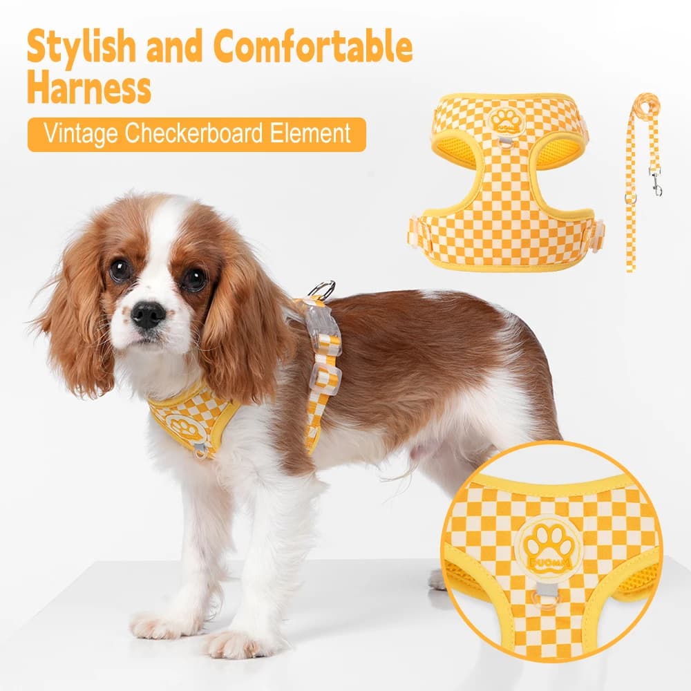 Checkered Dog Harness and Leash Set Breathable Mesh Soft Adjustable Walking Anti Escape Small Medium Dogs Plaid Pet Vest Harness