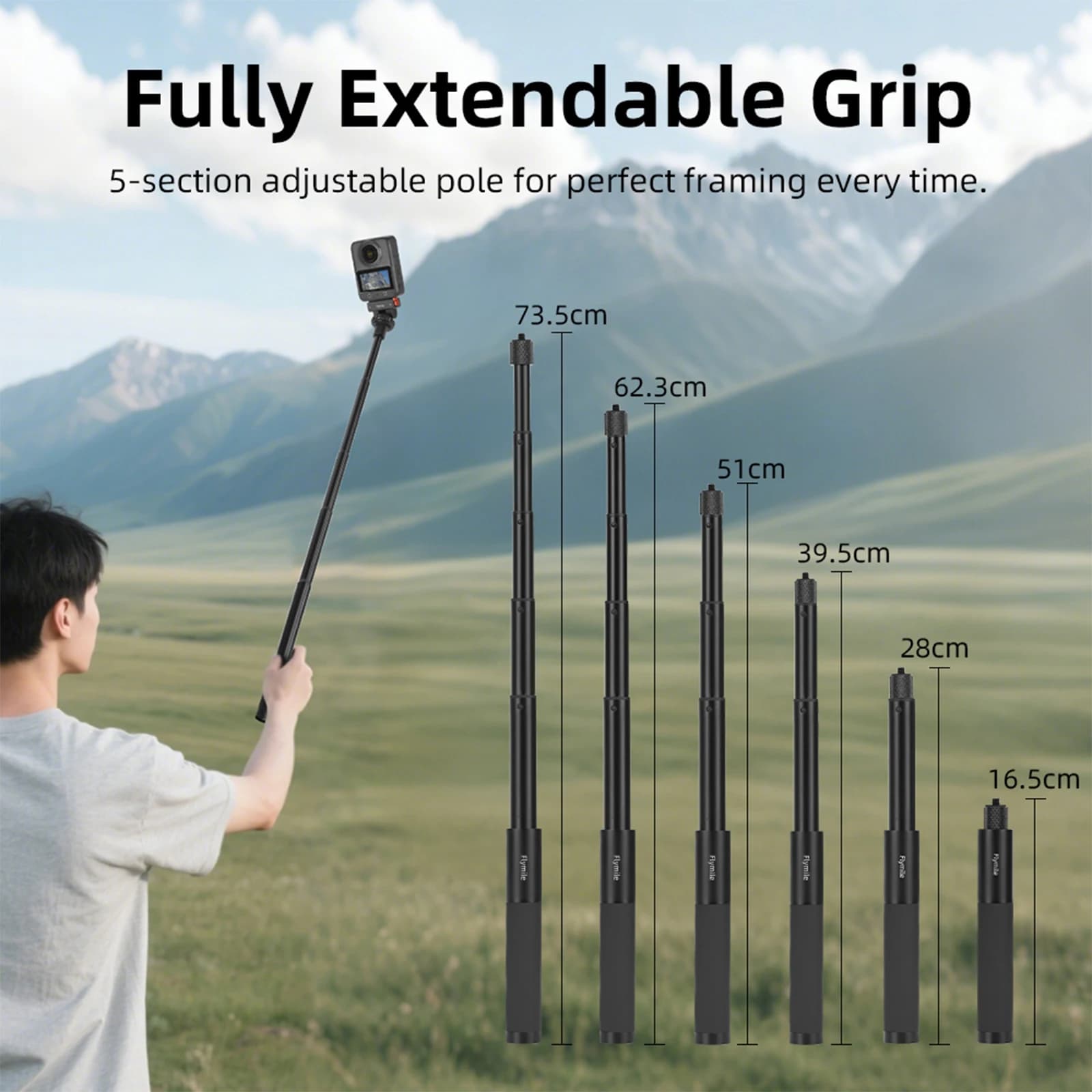 Asta Selfie in Lega di Alluminio, Asta Estensibile Regolabile con Impugnatura per Fotocamere Action Insta360 Go Ultra/X5/Pocket 3 - Accessori