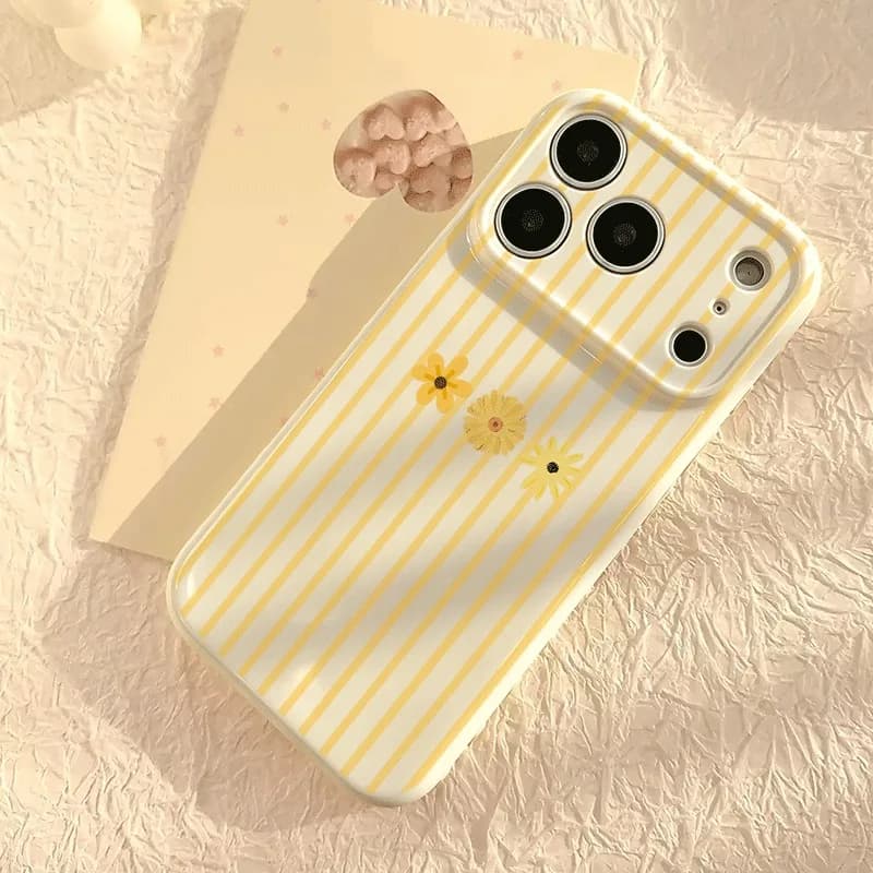 Case For iPhone 17 16 Pro Max 15 14 Plus 13 12 Pro 11 12 13 14 15 16 17 Striped Small Yellow Flowers Lemon Slice Patterns Cover