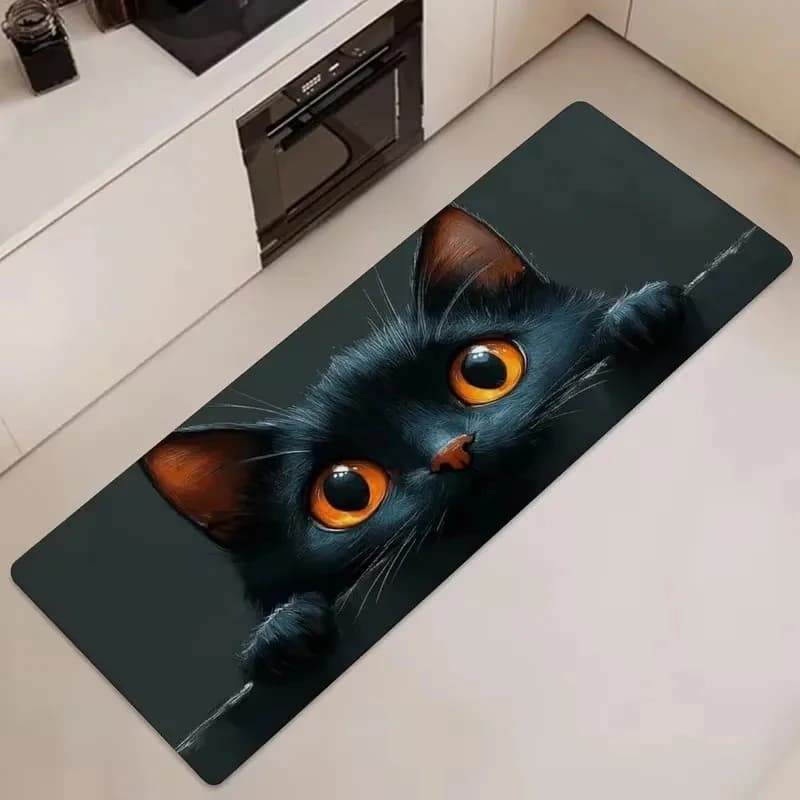 Tappeto Lungo VIKAMA con Stampa 3D di Gatto Nero Curioso, Antiscivolo, Assorbente e Lavabile, per Cucina e Camera da Letto, Ideale per Amanti dei Gatti