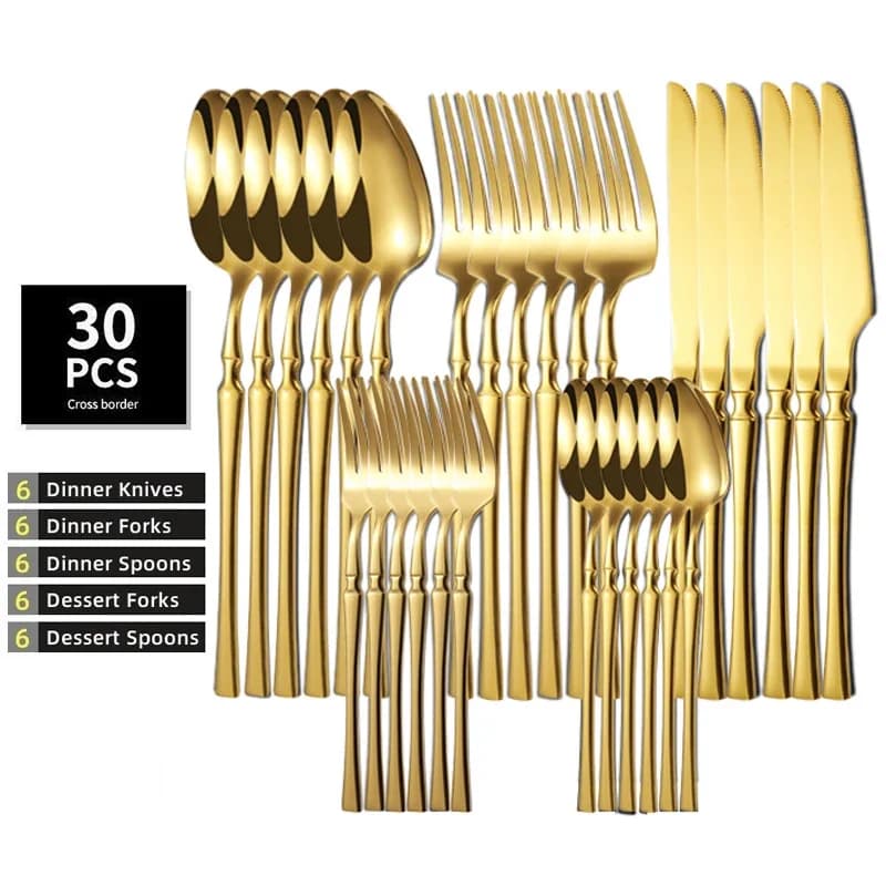 Set di posate da 30 pezzi in acciaio inossidabile a specchio, coltelli da tavola, cucchiai, forchette da dessert, set di posate per cucina e tavola