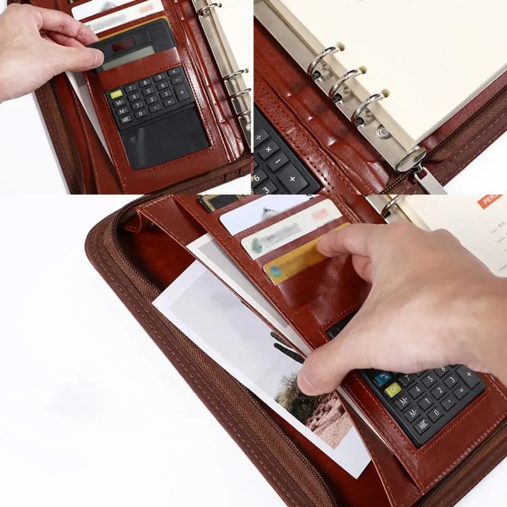 Cartella Portadocumenti Portatile con 6 Anelli, Porta Carte, Blocco Appunti in Pelle PU con Chiusura a Cerniera, Quaderno a Fogli Mobili per Riunioni Aziendali