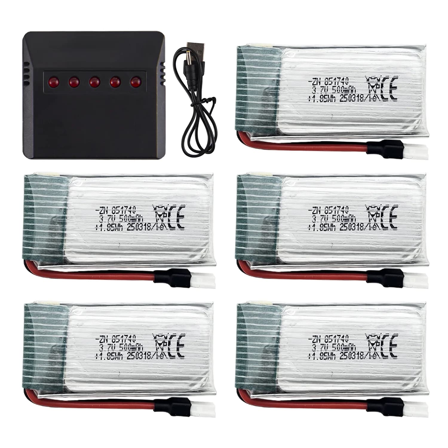 5 3.7 V 500 mAh LiPo batteries with five-door USB charger, rechargeable battery pack for aircraft/ drones/Quadcopters RC 2.4 GHz