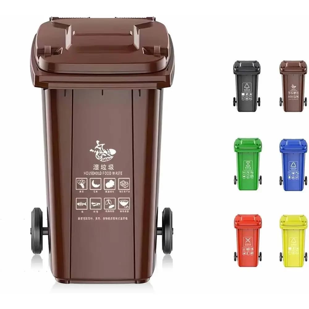 Large Outdoor Commercial Trash Can with Lid, 80L-240L Capacity, Heavy Duty Wastebasket on Wheels, Available in Brown