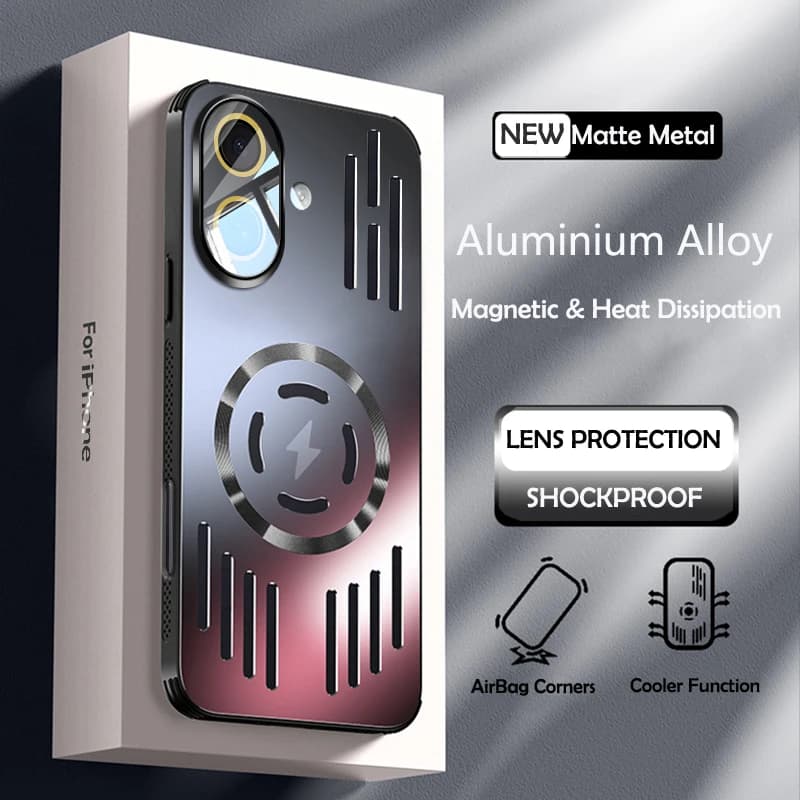 Cover di ricarica wireless magnetica con dissipazione del calore in metallo duro per iPhone 16 15 Pro Max Plus 16E 16Pro Custodia protettiva posteriore fredda