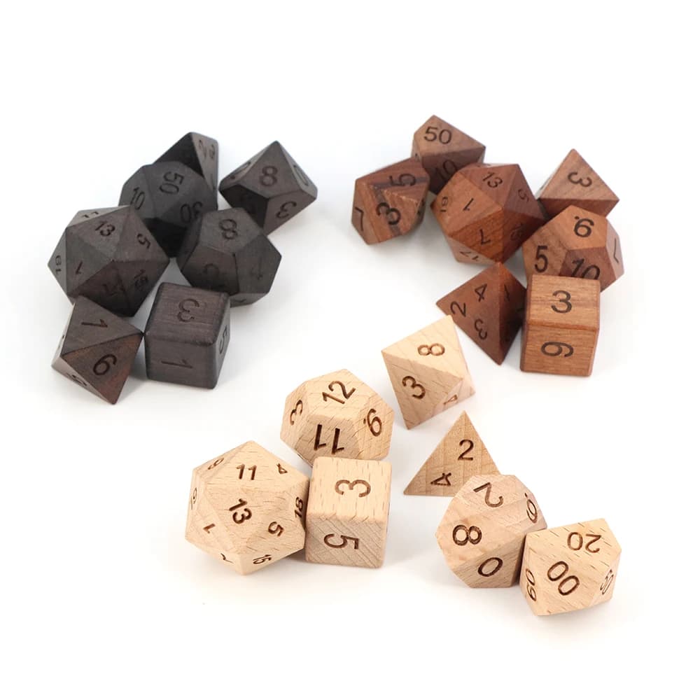 Set di 7 Dadi in Legno per Giochi da Tavolo e di Ruolo, Dadi Poliedrici per Dungeons & Dragons D&D, Cubi in Legno per Giochi RPG