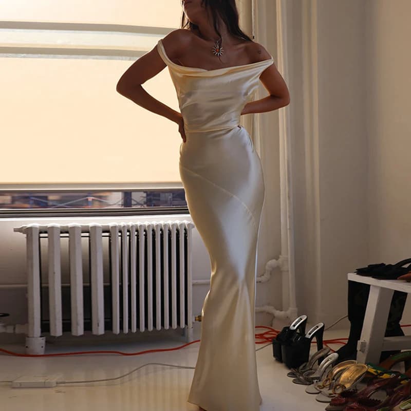 Abito da festa sottile in raso con scollo a barchetta sexy Abito da sera da donna senza maniche a vita alta elegante abito da sera in tinta unita