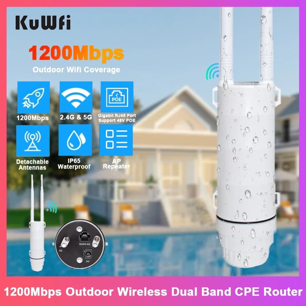 KuWFi AC1200 Router CPE esterno 1200Mbps 2.4G 5G Dual Band Wireless Wi-Fi Gigabit Porta RJ45 Antenne staccabili 48V POE Ripetitore