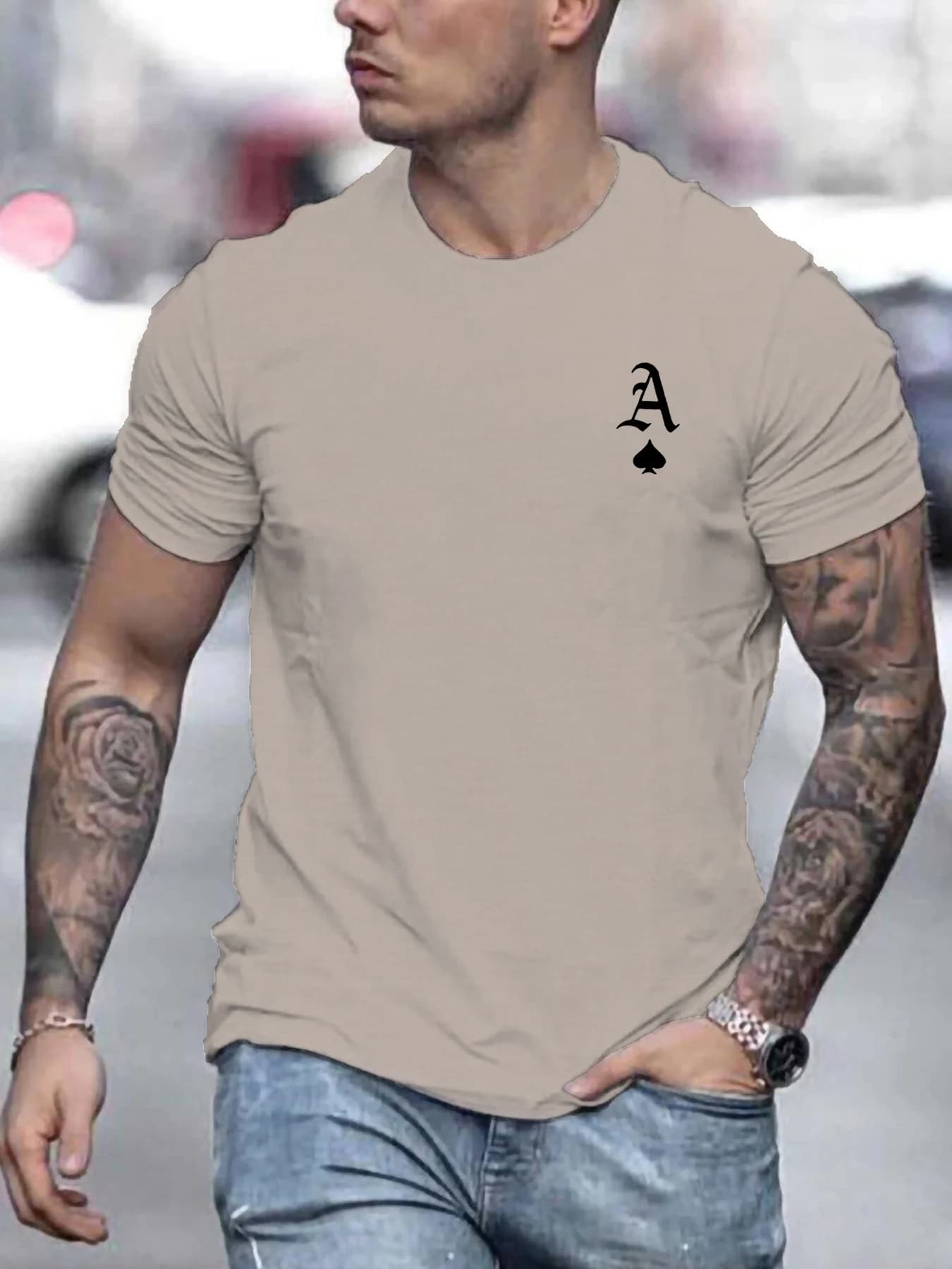 T-shirt da uomo estiva 100% cotone alla moda casual allentata classica carta da poker A-line stampata sportiva girocollo a maniche corte