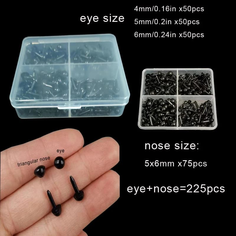 Set di 225 Occhi per Bambole 4/5/6 mm e Nasini 5x6 mm in Scatola, Accessori per Feltratura ad Ago per Orsetti, Bambole e Animali di Peluche