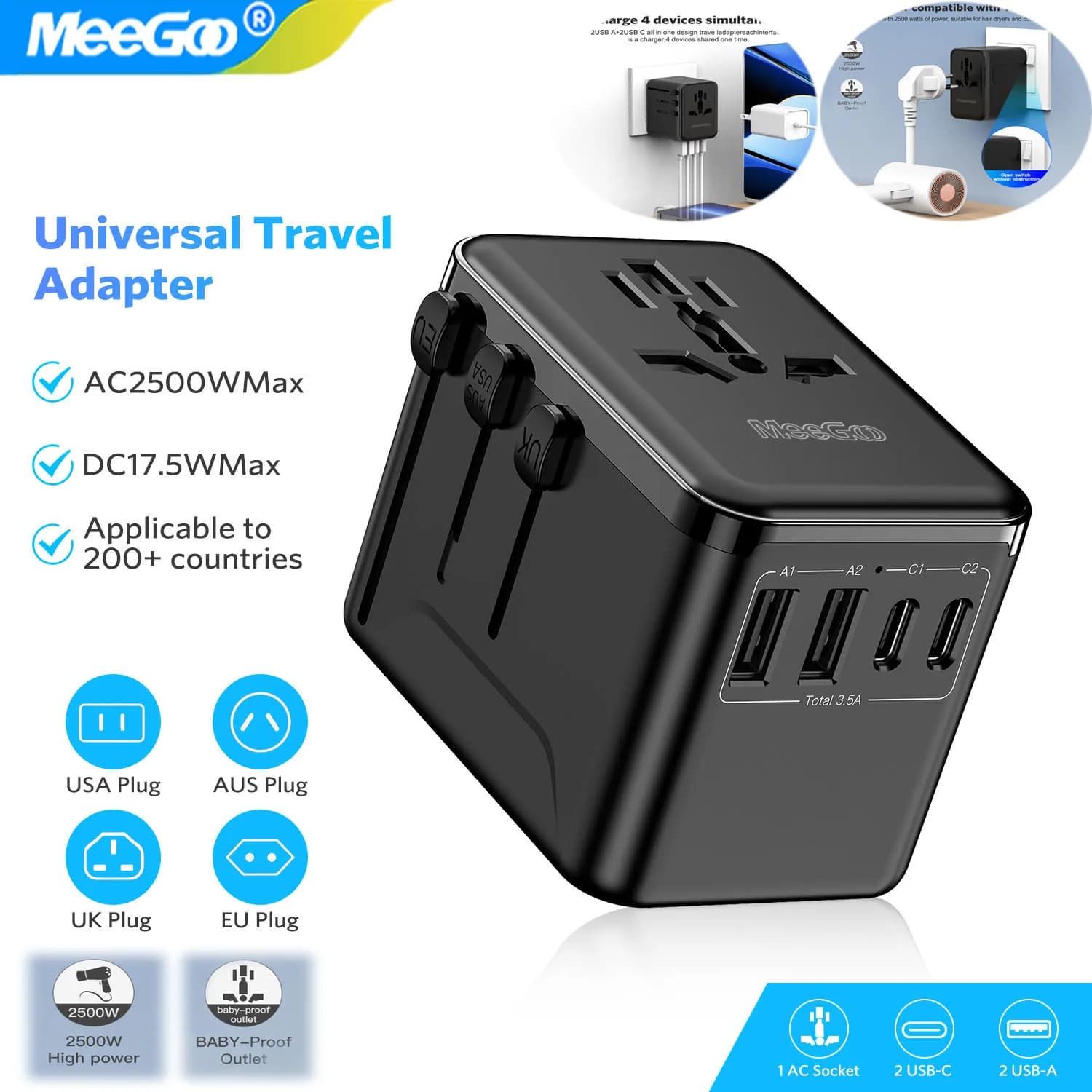 MeeGoo GaN Adattatore da viaggio universale in tutto il mondo con 2 porte Type-C 2USB Presa 1AC 2500W Adattatore presa di ricarica rapida EU/US/JP/AU