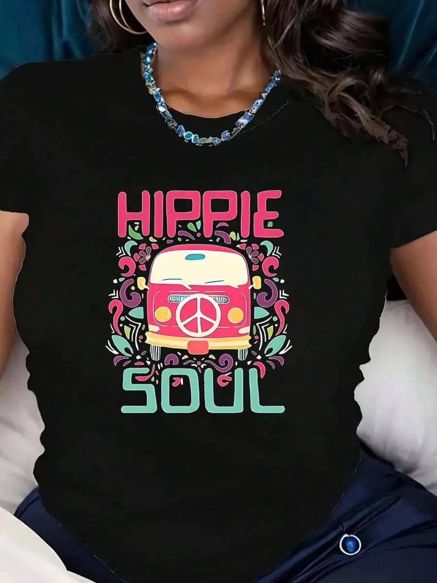 Women Short Sleeve Bohemian Peace Print T-Shirt Casual Summer Top Comfortable 220g Fabric