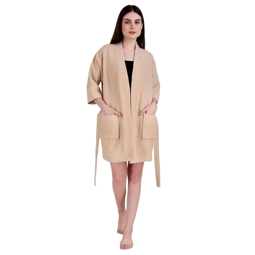 Accappatoio Corto da Donna 100% Cotone, Doppio Tessuto: Esterno in Waffle e Interno in Spugna, Kimono di Peso Medio