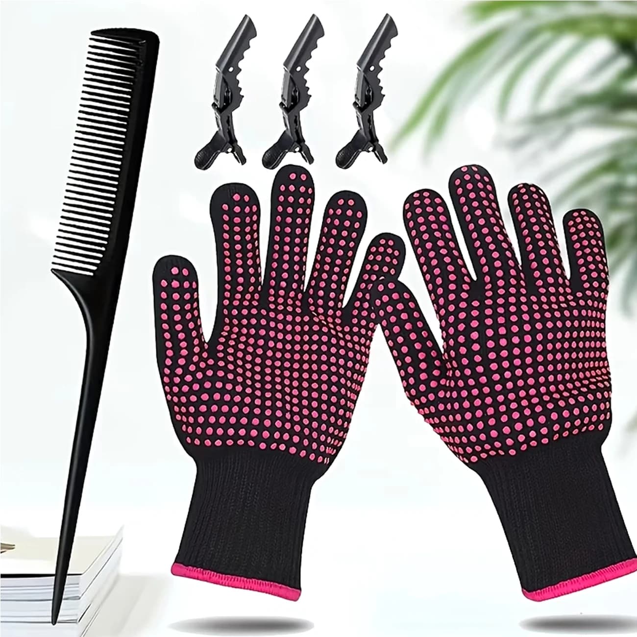 Kit professionale per lo styling dei capelli con mollette, pettini e guanti per districare, stirare e acconciare i capelli.