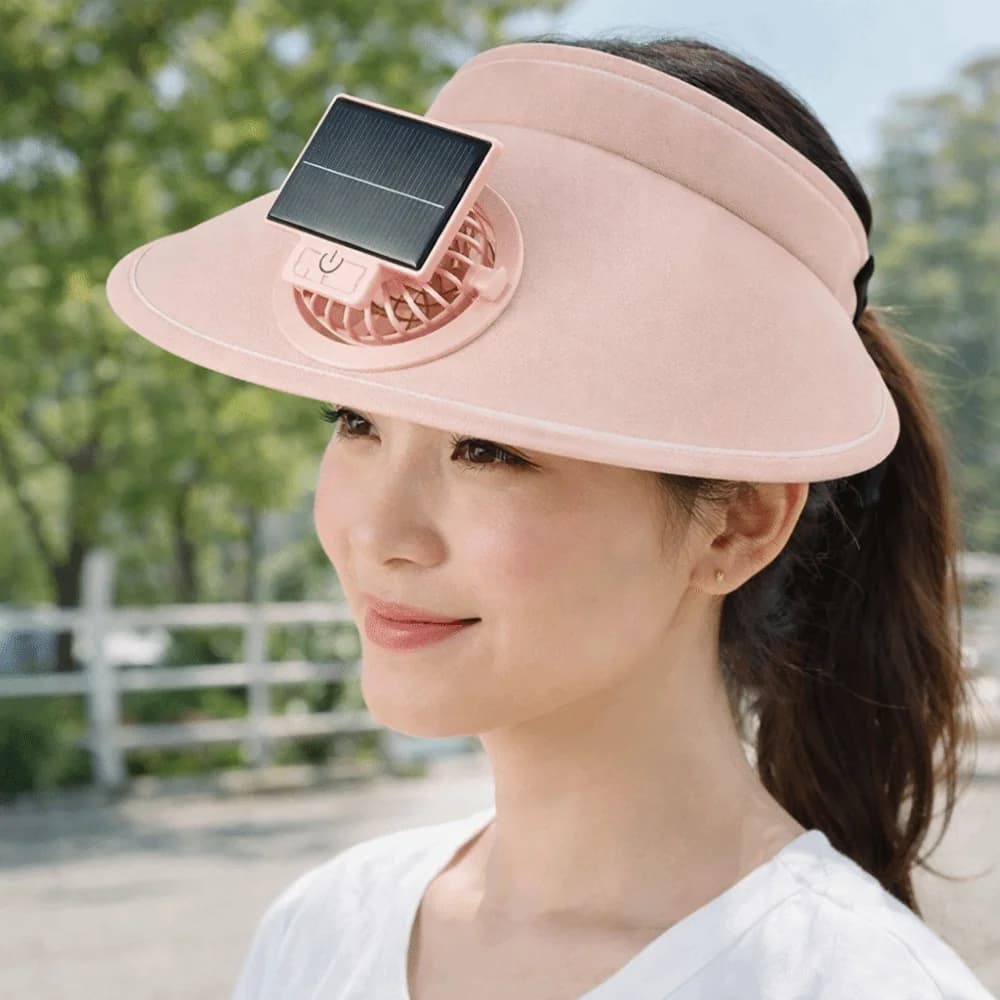 Cappello Parasole Traspirante con Ventola, Protezione Solare, Tesa Larga, Ventilatore Integrato, Ricarica Solare/USB, Visiera Estiva Senza Cima