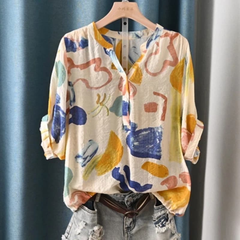 Abstract Printed V Neck Loose Fit Blouse For Women Casual Summer Style With Hand Painted Pattern Three Quarter Sleeve Top