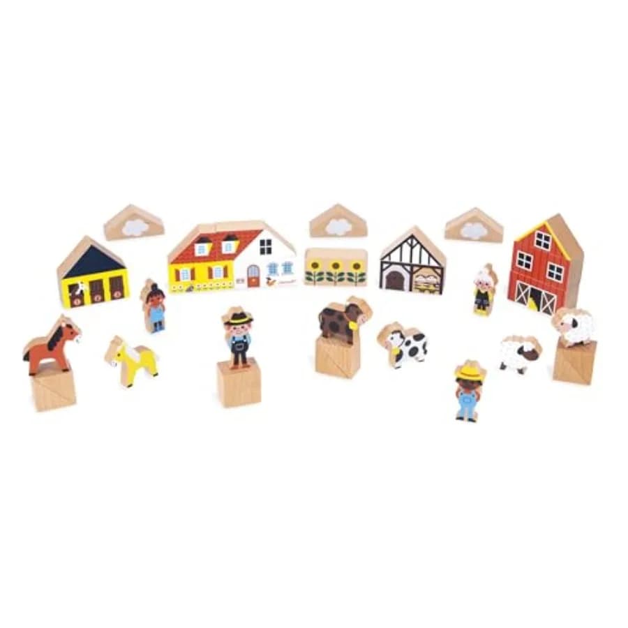 Set di 34 cubi in legno massello - Tema campagna - Ideale come complemento per tappetini auto - Gioco di costruzione - Sviluppa l'immaginazione - da 2 anni in su