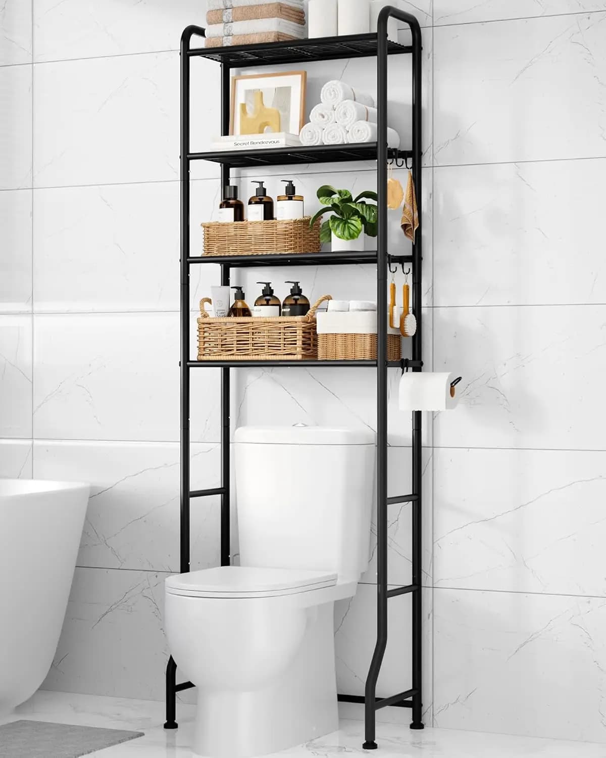 Scaffale portaoggetti da bagno sopra il WC - Organizzatore a 4 livelli in metallo con porta carta igienica e ganci, Nero