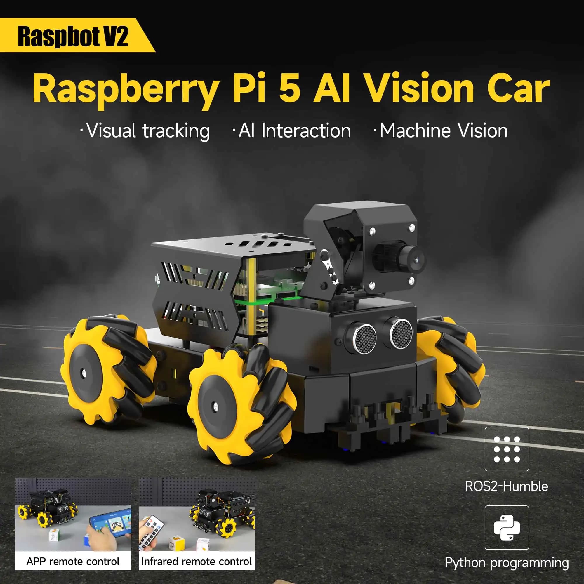 Yahboom 4WD Raspbot V2 AI Robot Car Kit based on Raspberry Pi 5 for beginners Educational Toy ROS2-Humble Python Programming Set
