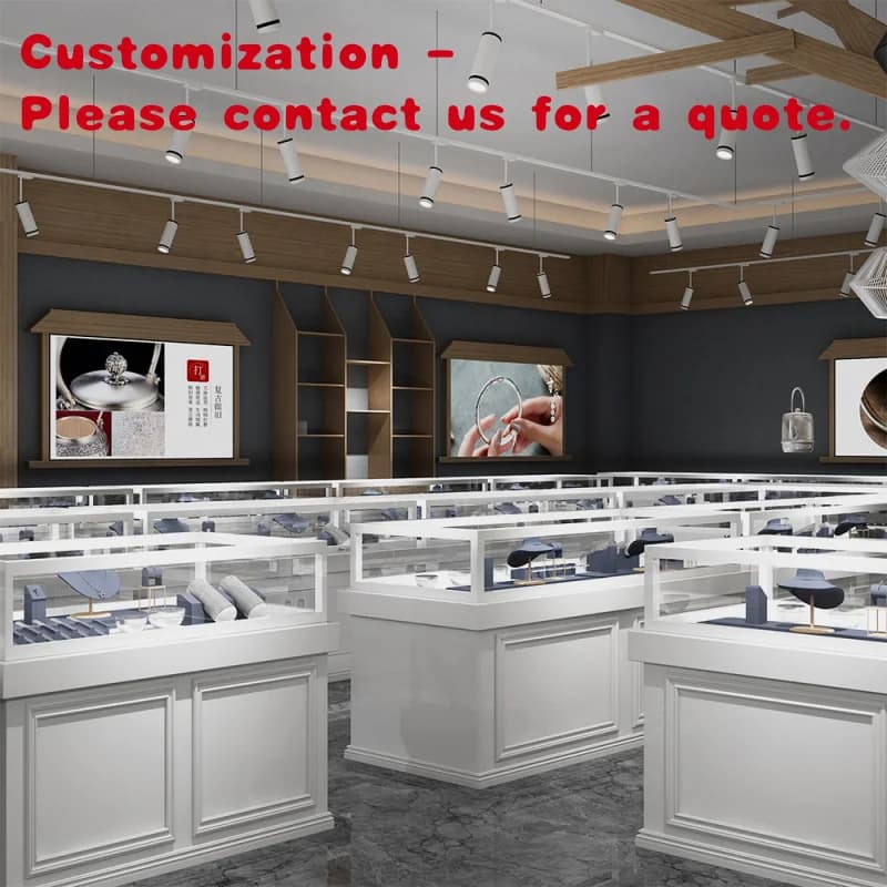 custom.High End Custom Shop Design White Wood Led Lighting Strip Spotlight Jewelry showcase Display Cabinet
