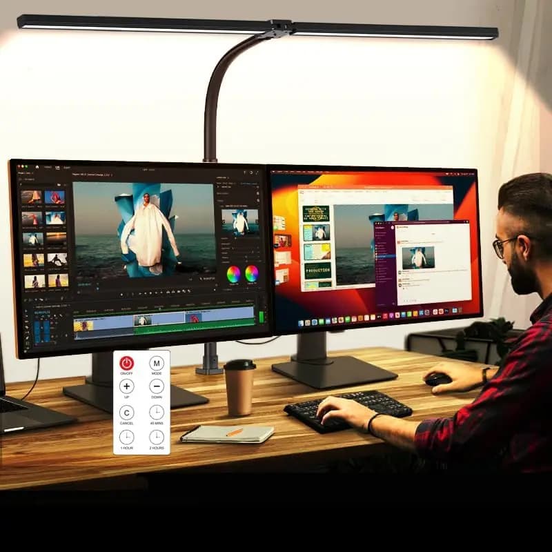 Lampada da Scrivania LED con Timer e Telecomando, Luce per Monitor a Doppio Schermo da 24W, Dimmerabile con Supporto Flessibile per Ufficio e Casa